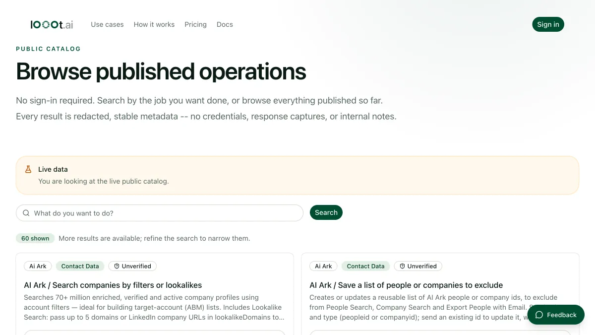 The looot public catalog page, which lists scraping operations without a sign-in