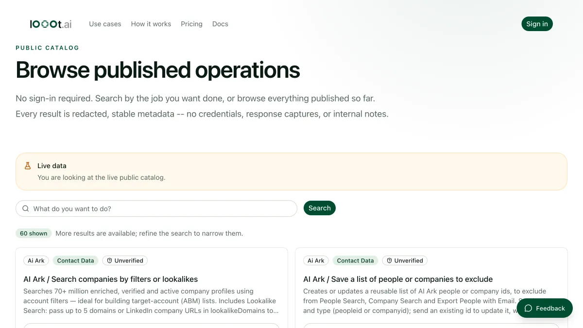 The looot public catalog page, which lists published operations with no sign in