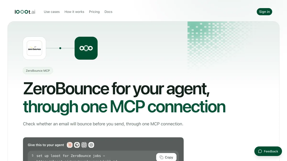 The ZeroBounce MCP page on looot, which shows the one connection setup prompt