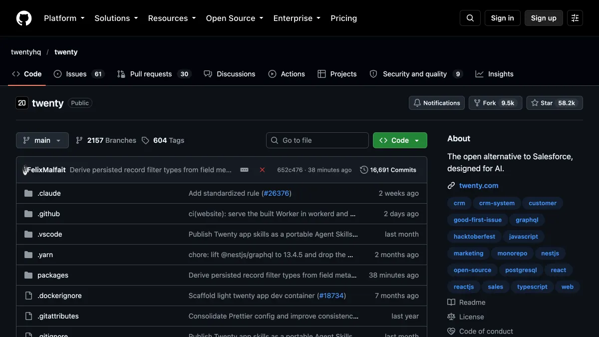 The Twenty repository page on GitHub with its description, license badge and file list