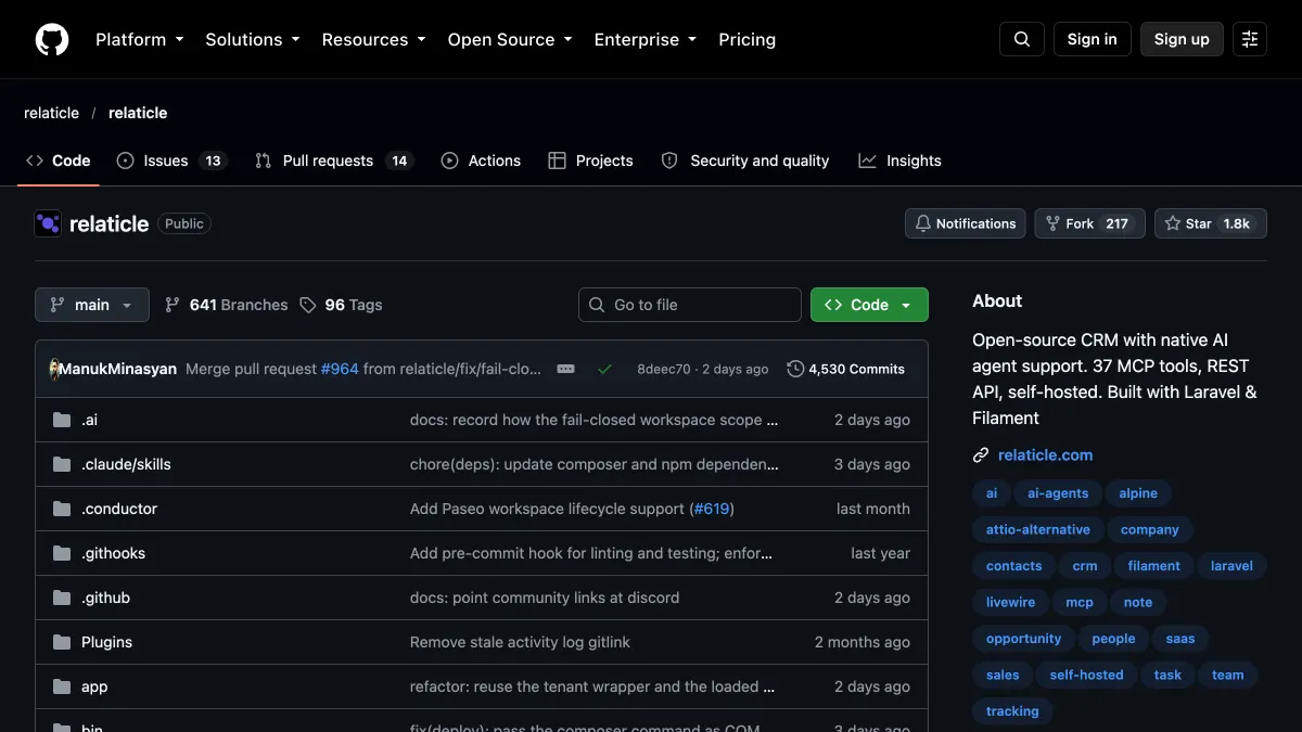 The Relaticle repository page on GitHub with its AGPL-3.0 license and file list