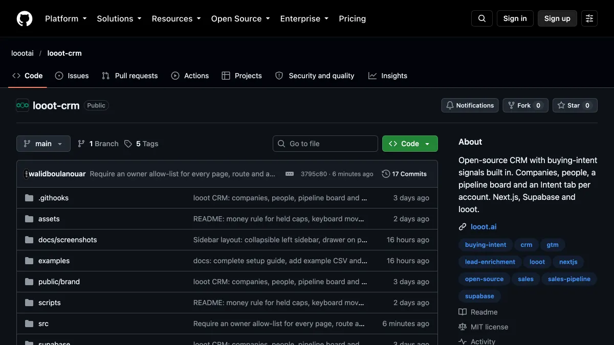 The looot-crm repository page on GitHub, public, MIT license, with its description and topics