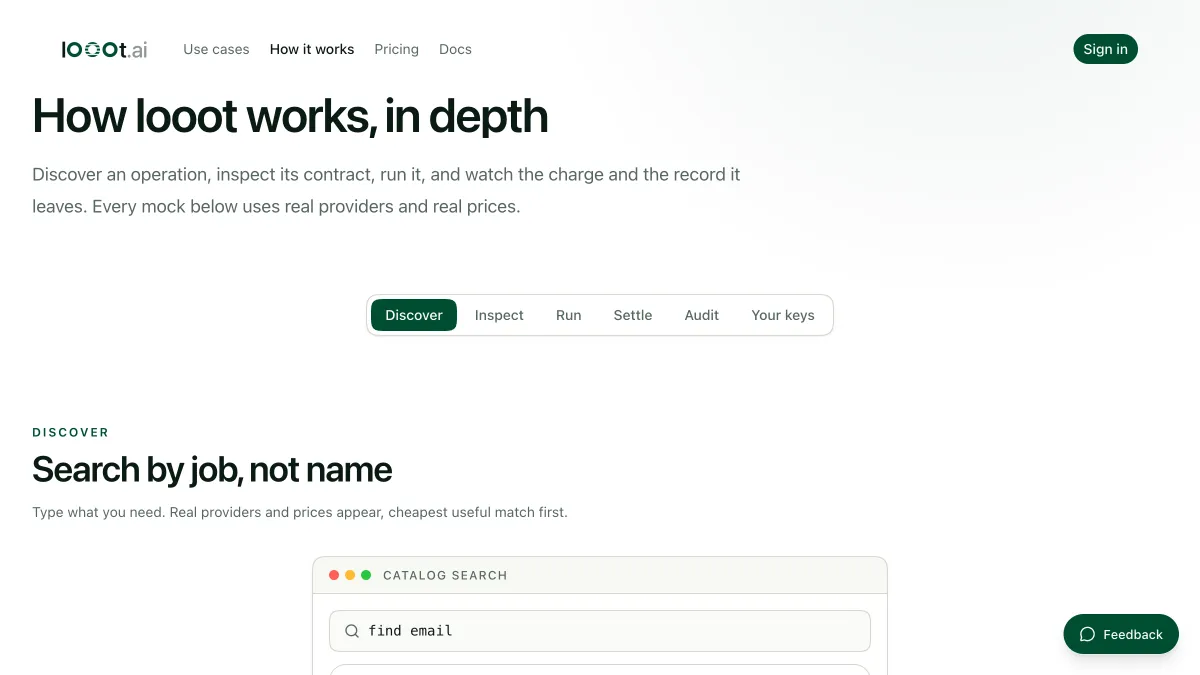 The looot how-it-works page, which shows a quote, a hold and a settlement for one run
